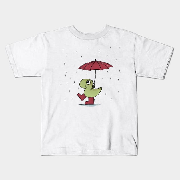 T-rex enjoying the rain Kids T-Shirt by forsakenstar